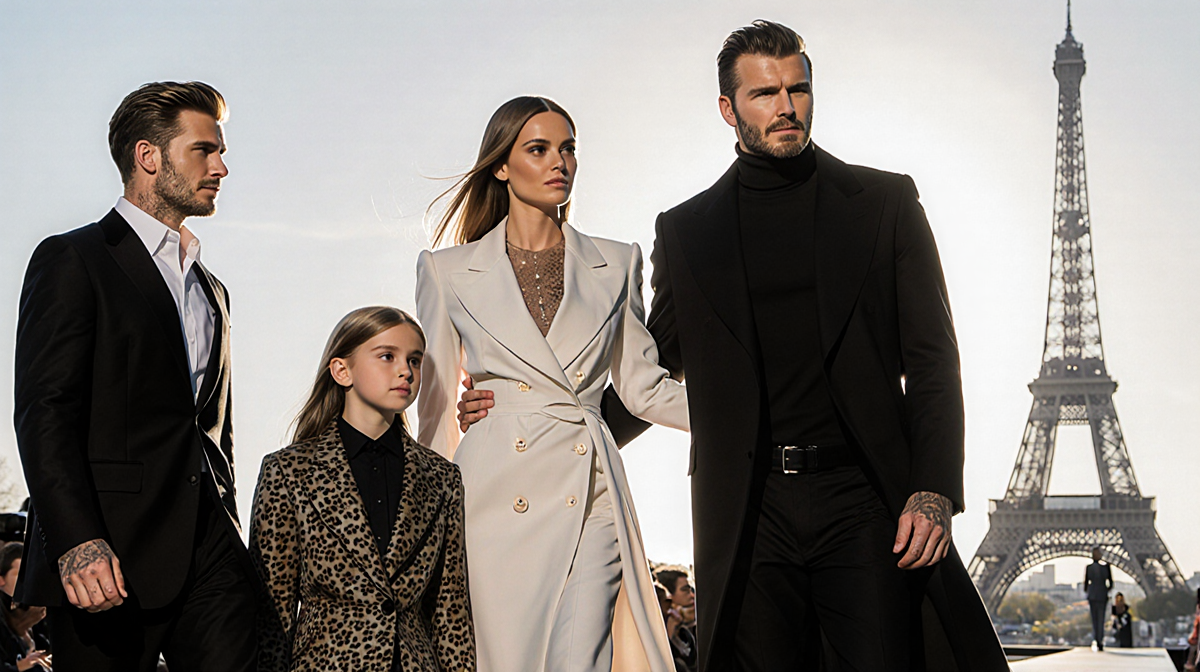 David Beckham walking proudly with his family on a Paris fashion week catwalk and Eiffel Tower silhouette in the background