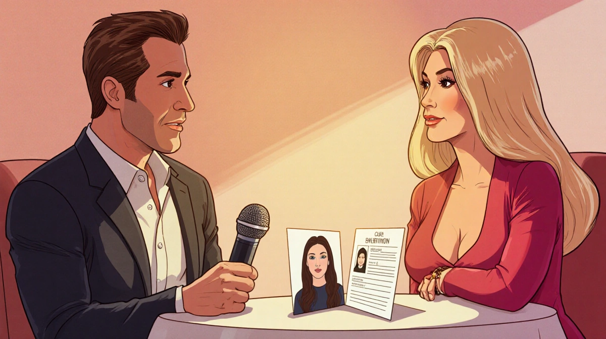 Dax Shepard interviews Cher with microphone while dream partner profile sits on table between them