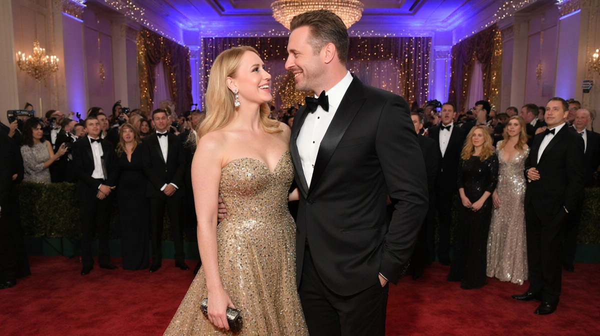 Dax Shepard and Kristen Bell gazing at each other on the red carpet with Kristen wearing gold gown and Beverly Hilton ballroo