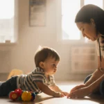 Toddler lying on floor holding arm with caregiver kneeling nearby showing concern and toy on ground