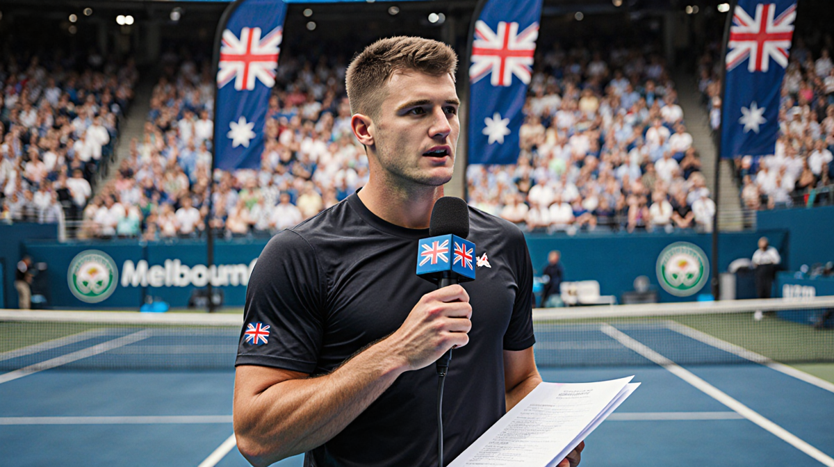 Alex de Minaur speaking to a reporter with microphone and an engagement ring on Australian Open tennis court background