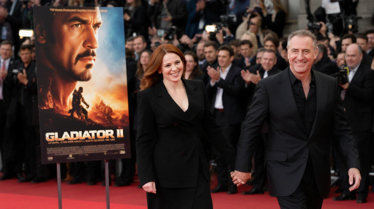 Dearbhla and Paul Sr. walking red carpet hand in hand with Gladiator II poster behind them and cheering crowd