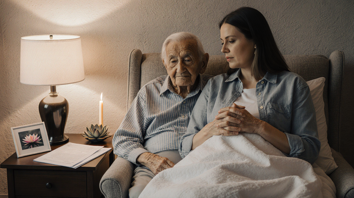 Death doula sits beside elder holding his clasped hands with warm lamp glow and lotus candle in background