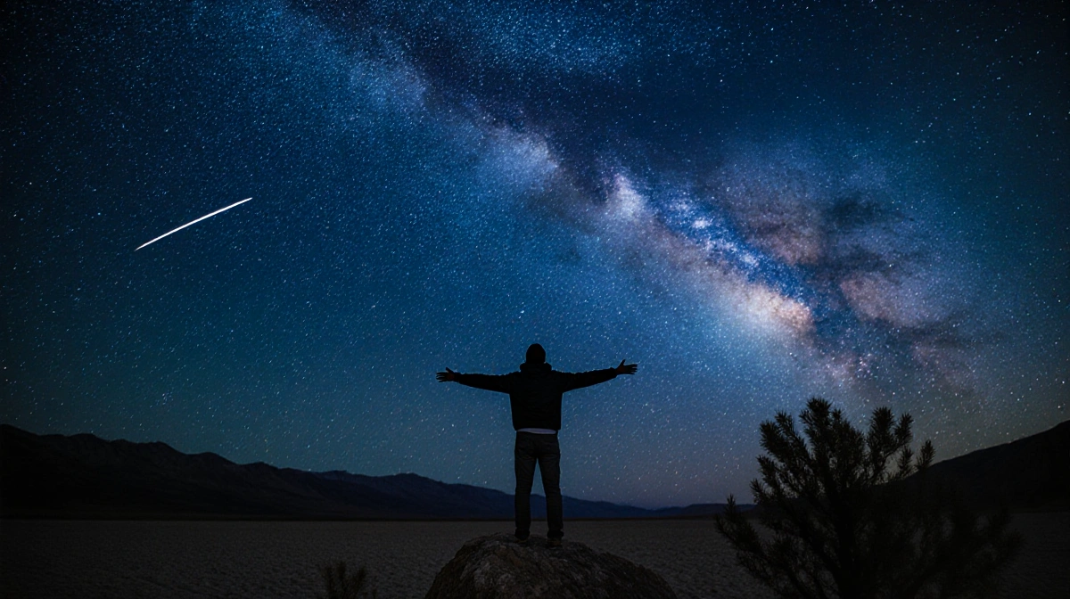 Person gazing up at Milky Way with arms outstretched under star-filled Death Valley sky