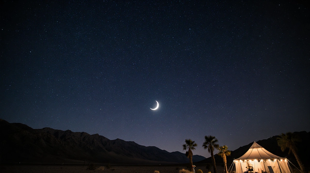 Telescope stargazing at Death Valley with crescent moon above and starry sky illuminating Dante