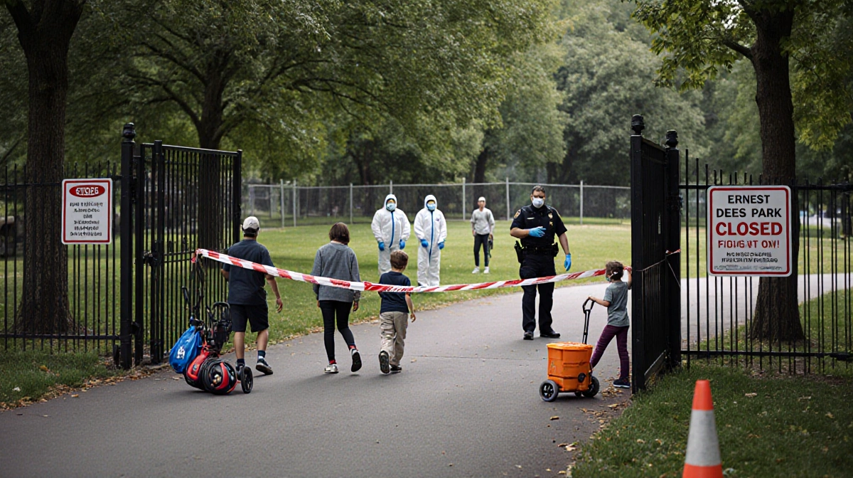 Families being turned away from Ernest Debs Park with city officials in hazmat suits guarding the closed gates and restricted