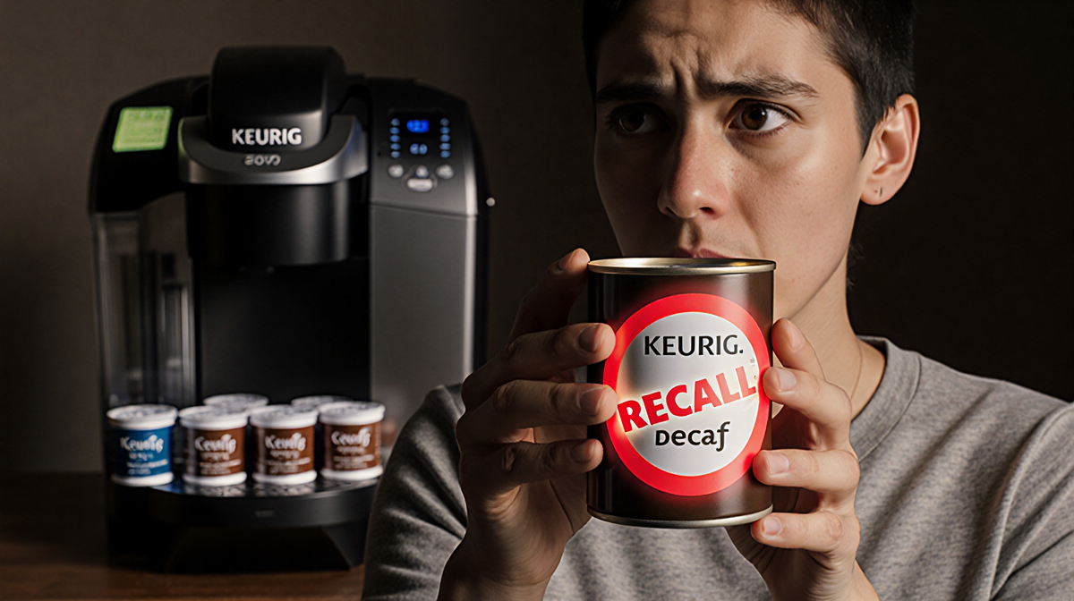 Person holds decaf coffee can with concerned and red glow on label and blurred Keurig machine.