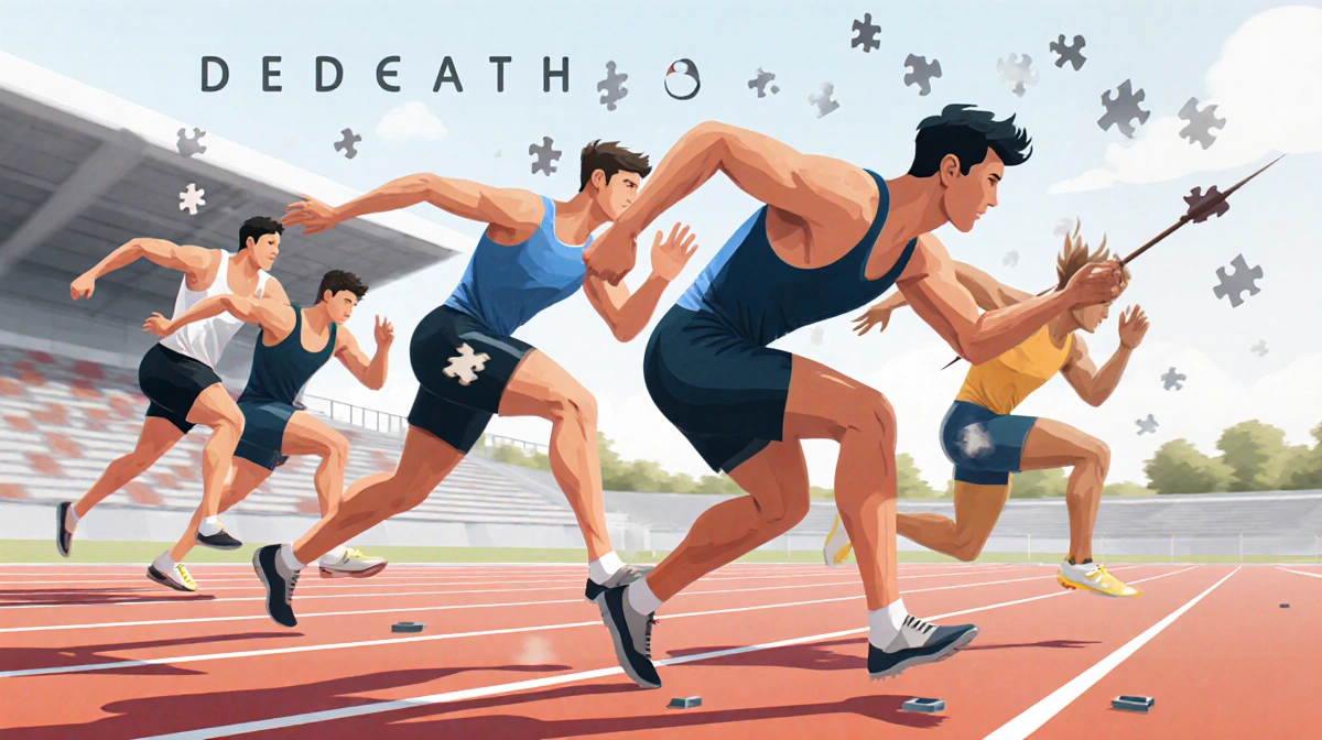 Athlete competing in decathlon events with motion blur showing shot put and long jump movements and puzzle pieces integrated 