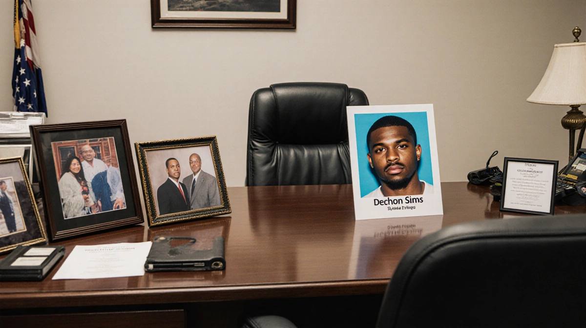 Dechon Sims' photo rests on wooden table with framed family pictures and investigation equipment in quiet coroner's office