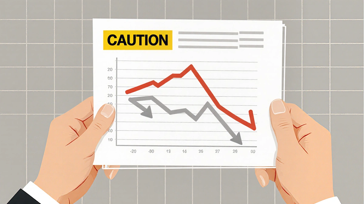 Hand holding declining investment chart with downward arrows and warning text showing asset value drop