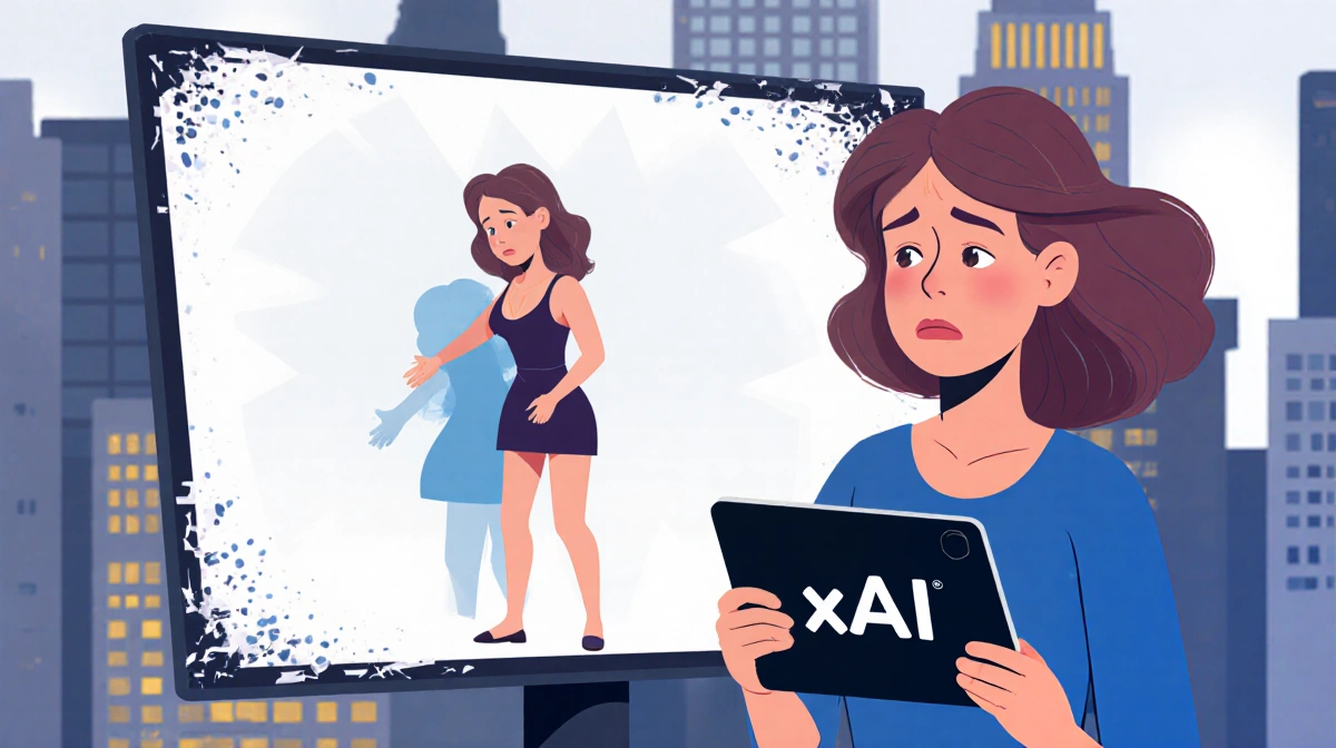 Woman holding tablet with xAI logo looks concerned while giant city screen shows manipulated video with glitchy edges