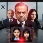 Three officials stare at deepfake screen with red halo and hidden girls