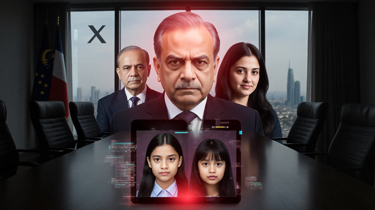 Three officials stare at deepfake screen with red halo and hidden girls