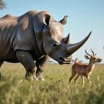 Tiny deer faces rhino with wind ruffling fur and acacia trees dotting the savanna