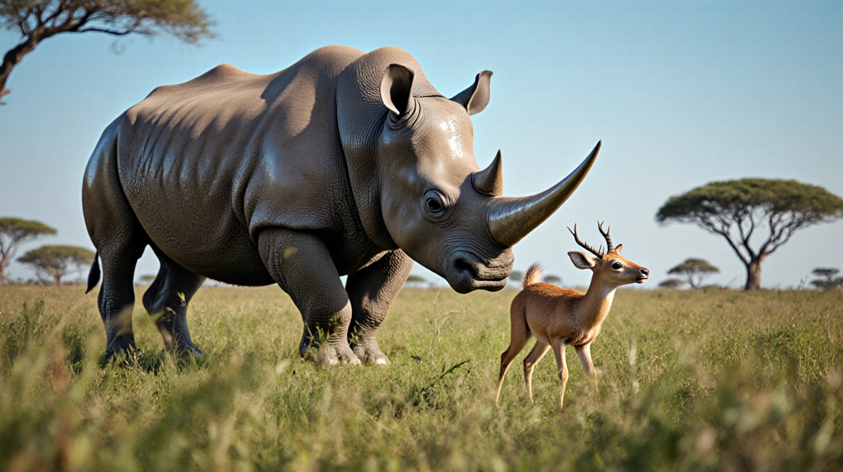 Tiny deer faces rhino with wind ruffling fur and acacia trees dotting the savanna