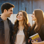 Three former Degrassi stars smile together with golden light and a tablet showing the Degrassi logo on a wooden backdrop.