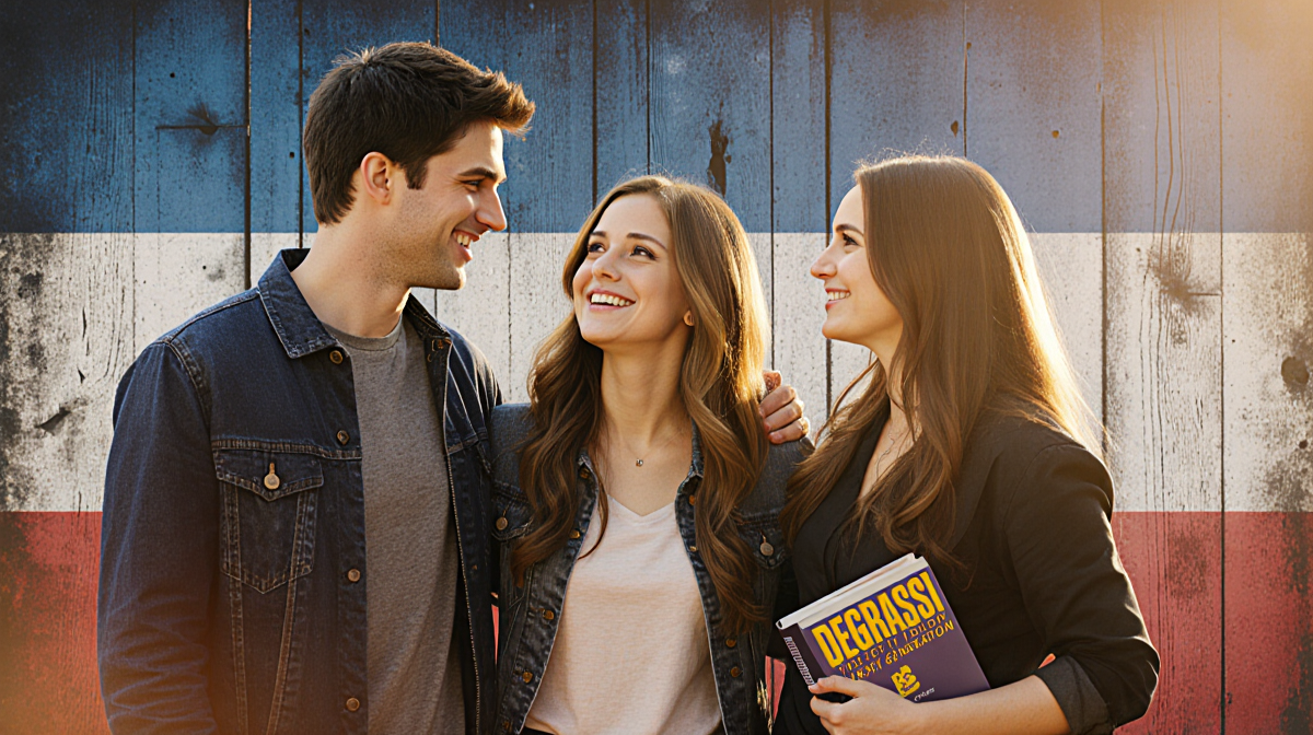 Three former Degrassi stars smile together with golden light and a tablet showing the Degrassi logo on a wooden backdrop.
