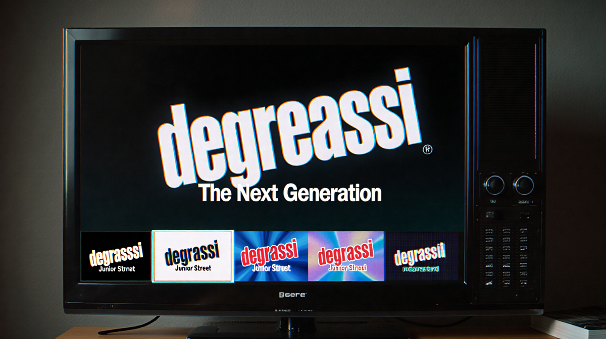 TV screen showing Degrassi: The Next Generation logo with VHS-style nostalgic filter and faded title sequence evolution.