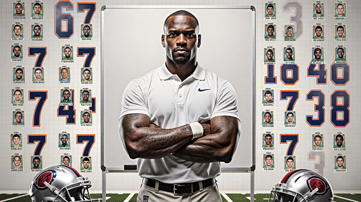 Deion Sanders stands before a board showing football roster numbers with helmets and jerseys and transfer portal cards nearby