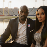 Deion Sanders and Karrueche Tran sit together on a patio with a football field and tranquil lake at sunset in golden light.