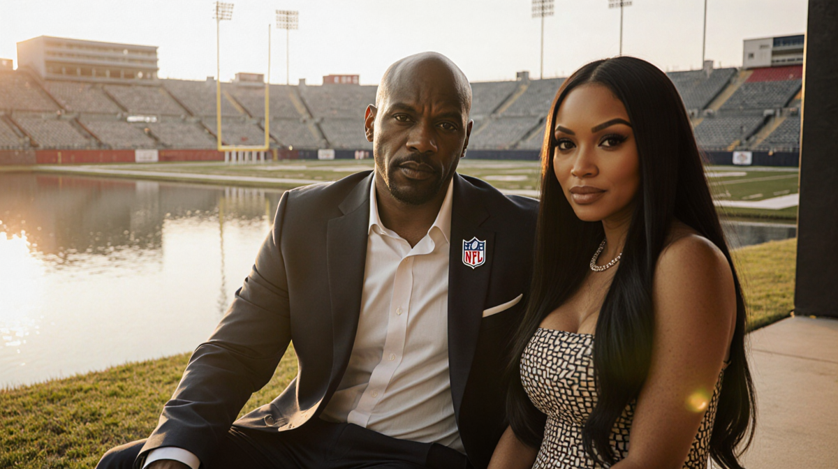 Deion Sanders and Karrueche Tran sit together on a patio with a football field and tranquil lake at sunset in golden light.