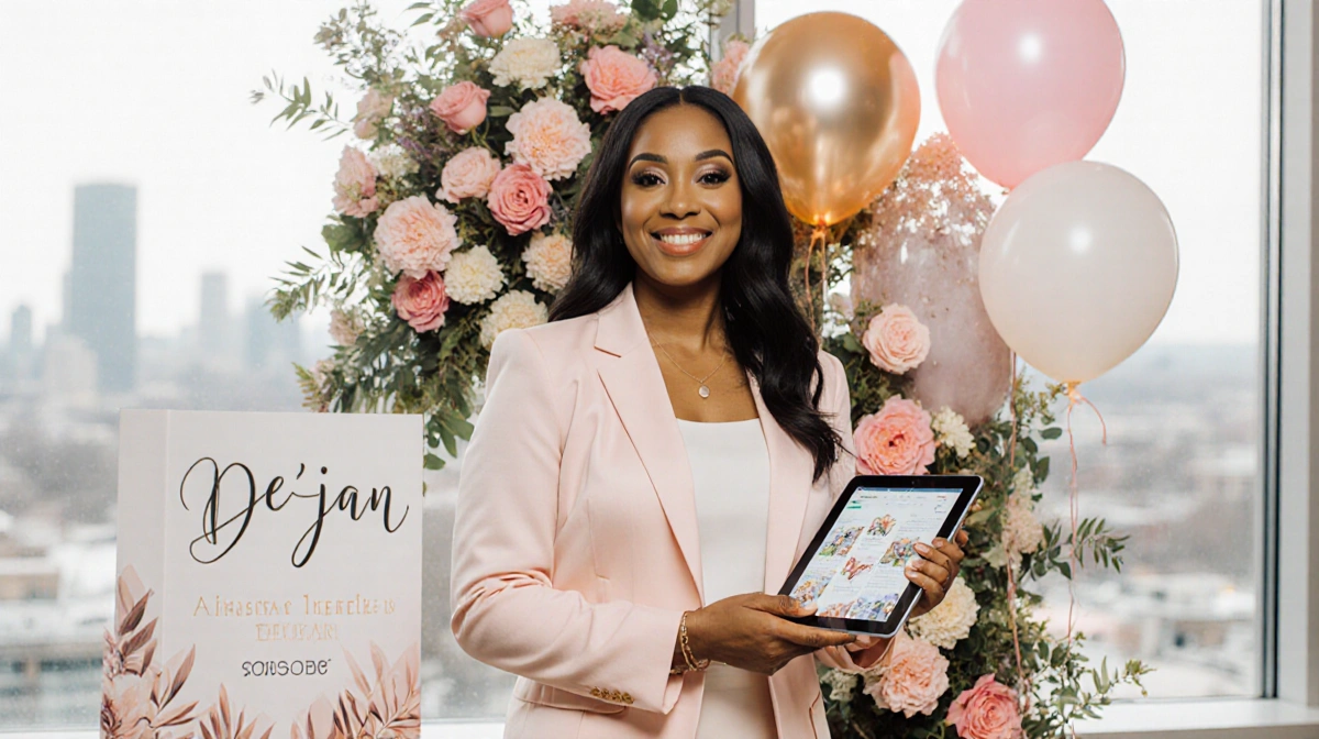 De'jan presenting event portfolio with tablet and design materials surrounded by balloons and flowers