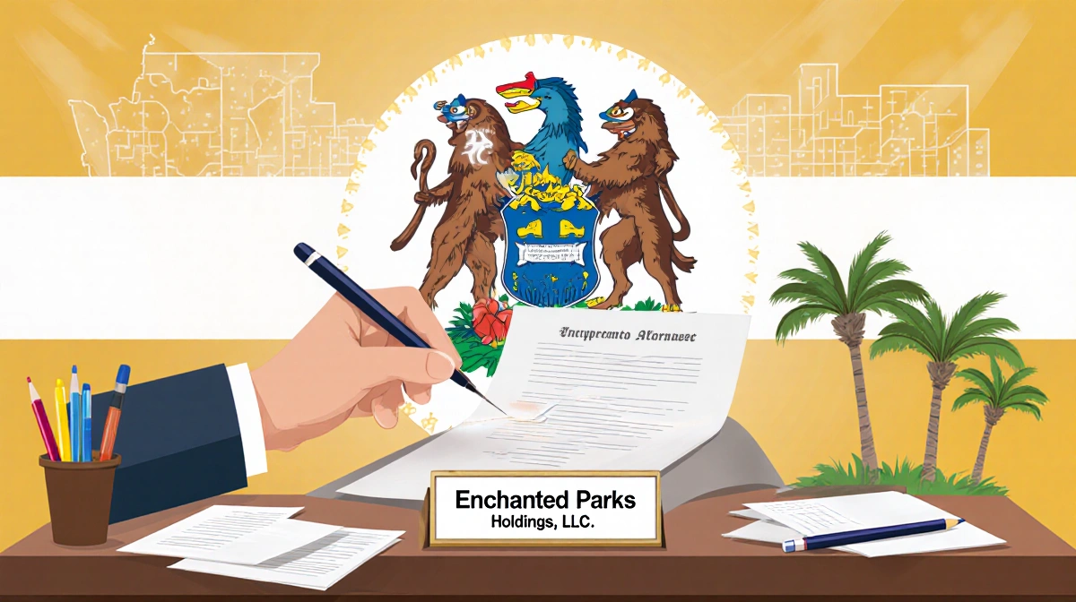 Person signing incorporation papers with Delaware flag and Enchanted Parks Holdings LLC name plate on cluttered desk