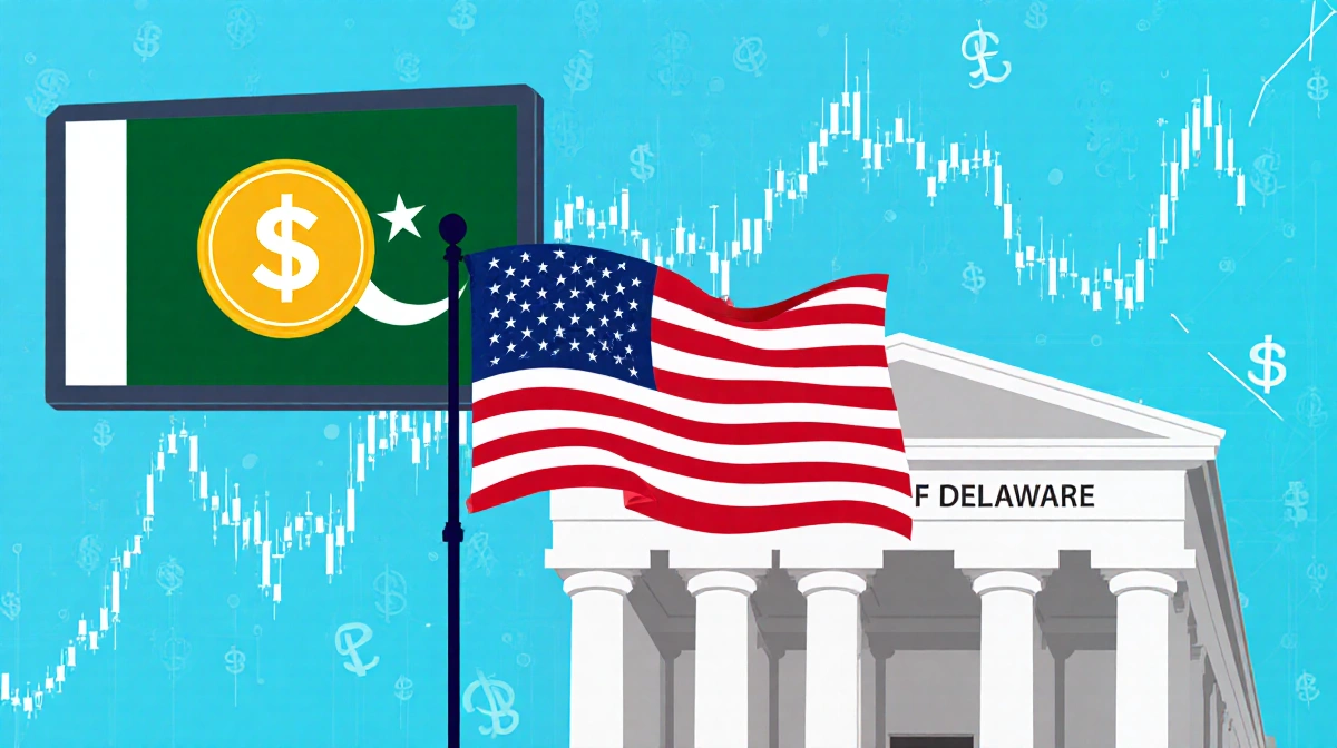 Delaware courthouse with American flag and digital screen showing USD1 stablecoin logo with Pakistani flag