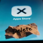 Smartphone screen shows app icon marked with X and crumpled delete note with soft blue gradient background