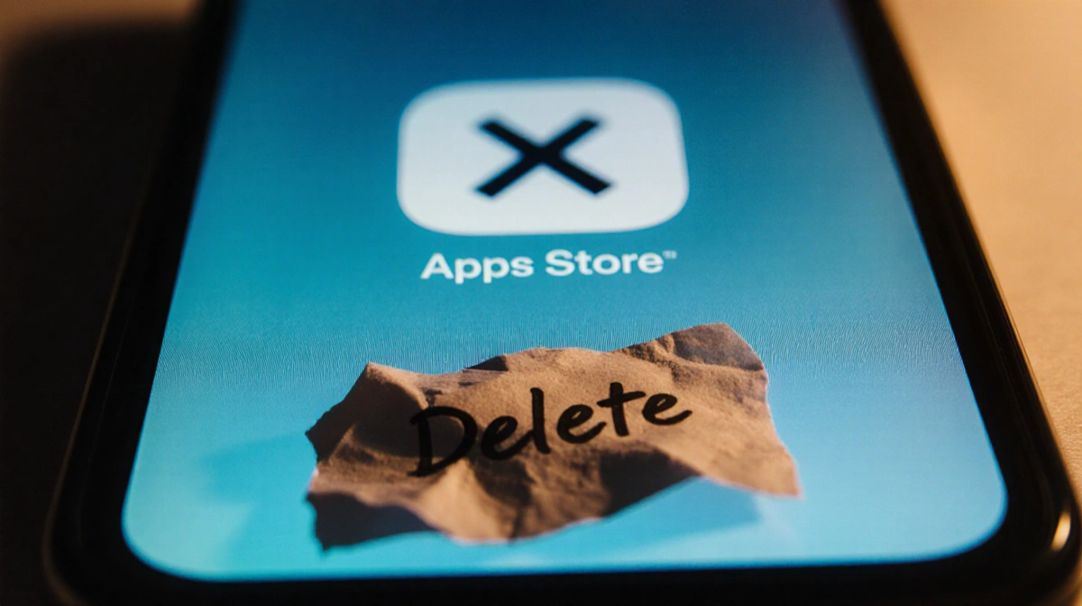 Smartphone screen shows app icon marked with X and crumpled delete note with soft blue gradient background