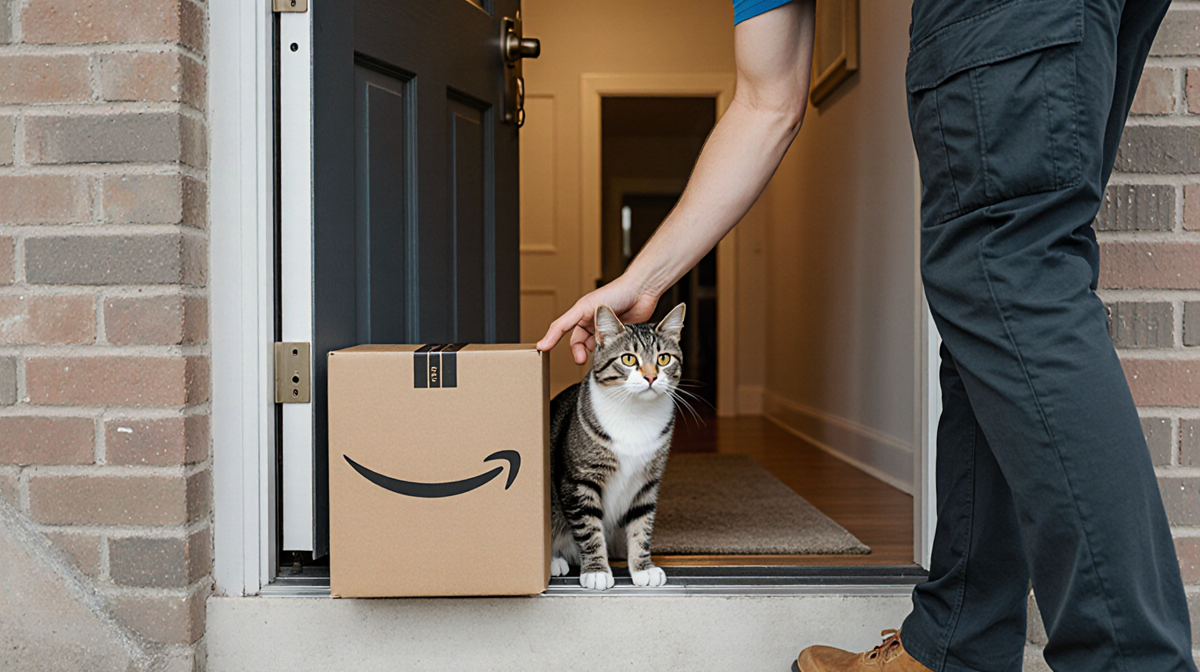 Delivery driver lifting cat from doorstep with Amazon package on door and house in background