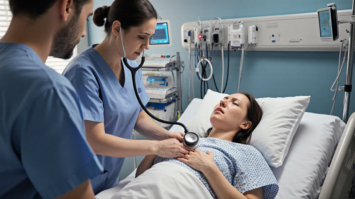 Nurse performing CPR on unresponsive woman with doctor checking heartbeat and cesarean setup behind