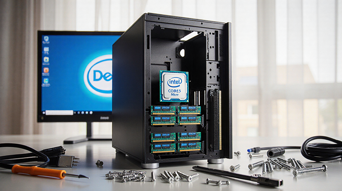 Dell 5070 tower showing exposed i5 processor with scattered screws and cables near Dell monitor