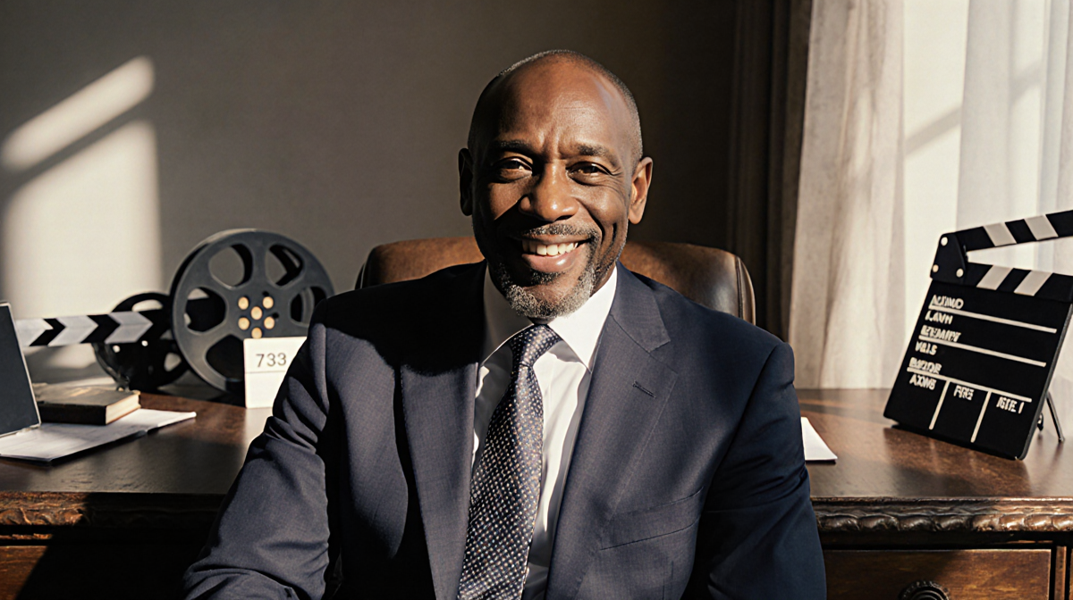 Delroy Lindo sits at a desk wearing a navy suit with a tie smiles at the camera with a blurred film reel in the background.