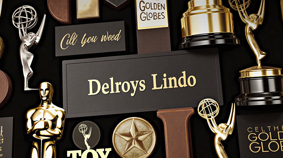 Collage arranges award medals with Delroy Lindo nameplate centered and nostalgic lighting