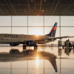 Delta Air Lines aircraft taxiing toward the gate with warm dawn light on polished floor and travelers in the airport terminal