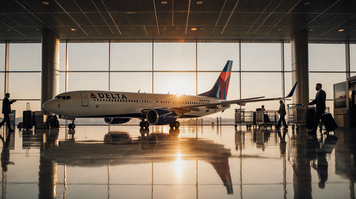 Delta Air Lines aircraft taxiing toward the gate with warm dawn light on polished floor and travelers in the airport terminal