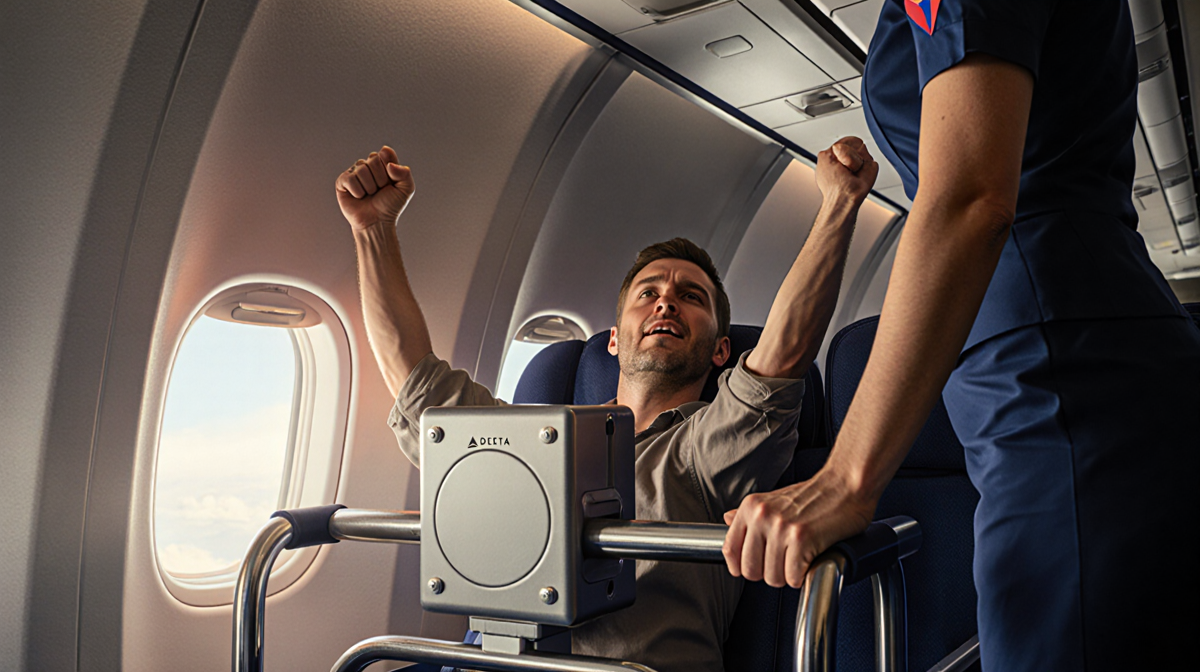 Passenger raising arms with hand on beverage cart and flight attendant