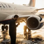 Passenger examines soaked clothes near Delta wing with deicing fluid on the floor and LaGuardia terminal behind