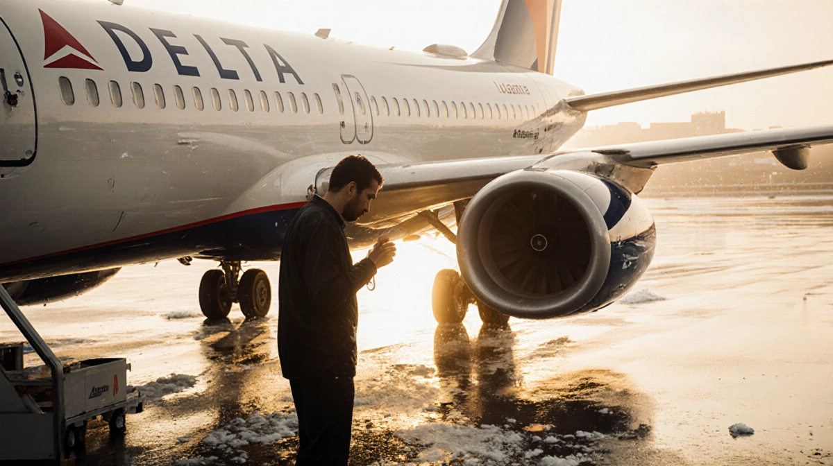 Passenger examines soaked clothes near Delta wing with deicing fluid on the floor and LaGuardia terminal behind