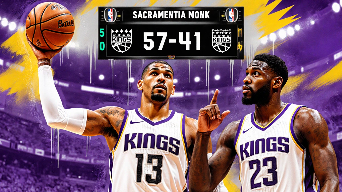 DeMar DeRozan raises the basketball with arms up and Monk gesturing toward him on Sacramento Kings court with scoreboard show