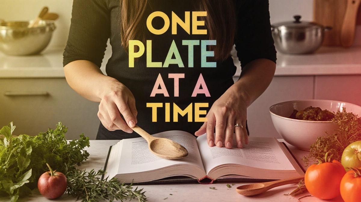 Demi Lovato cooking from ONE PLATE AT A TIME cookbook with fresh herbs and vegetables on kitchen counter