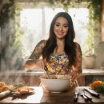 Demi Lovato stirs colorful ingredients at rustic kitchen island with lush greenery and vibrant flowers bathed in natural ligh