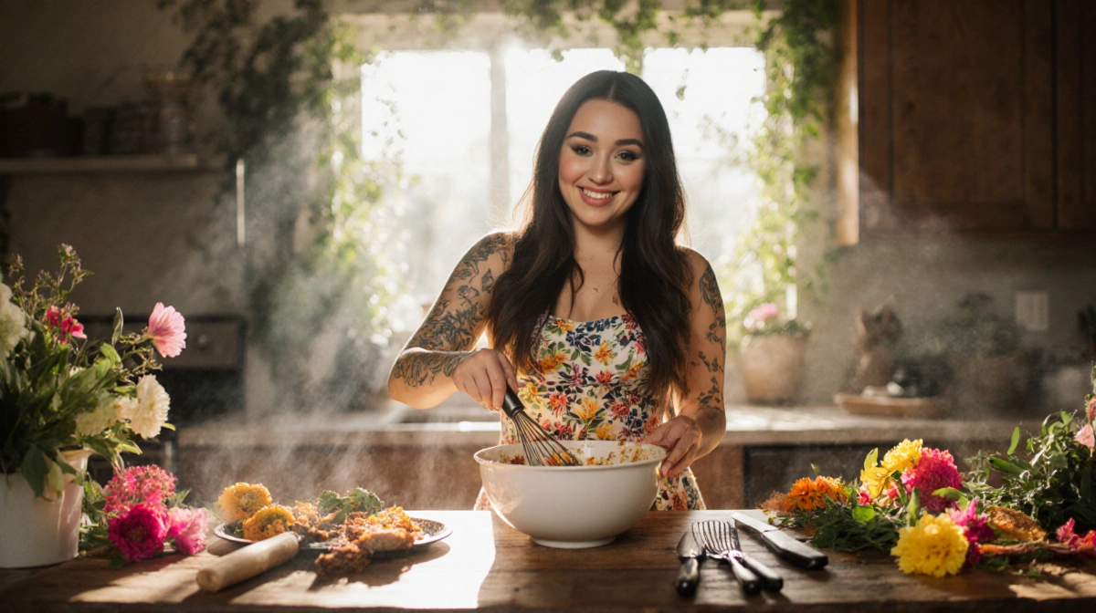 Demi Lovato stirs colorful ingredients at rustic kitchen island with lush greenery and vibrant flowers bathed in natural ligh