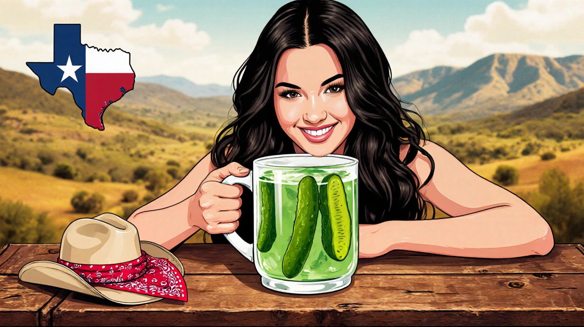 Demi Lovato holding pickle-shaped mug with pickle juice and smiling with Texas landscape and cowboy hat visible
