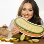 Demi Lovato holding giant pickle sandwich cutout with pickles arranged on wooden table and Texas sunshine backdrop
