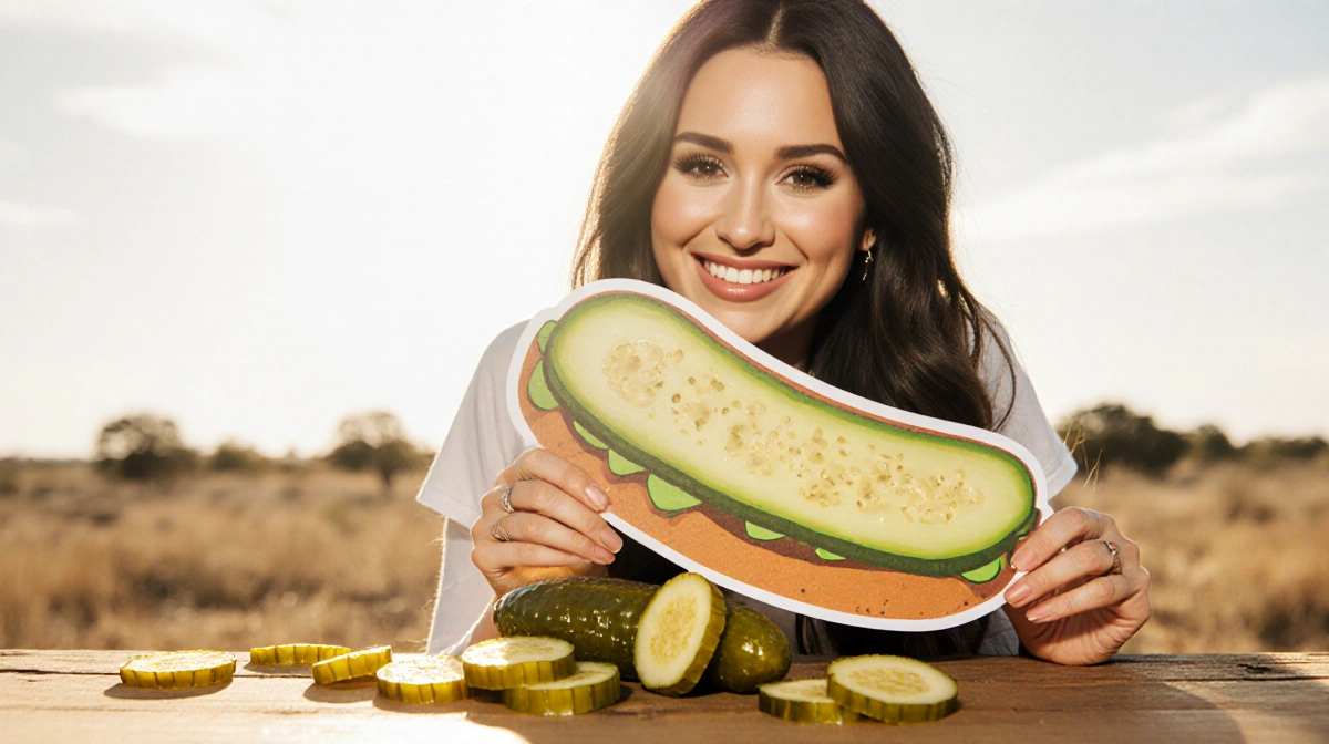 Demi Lovato holding giant pickle sandwich cutout with pickles arranged on wooden table and Texas sunshine backdrop