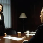 Demi Moore confronts Billy Bob Thornton across cluttered boardroom table with papers and folders showing years of business te