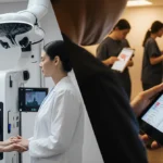 Woman receiving medical care with nurse and AI monitors while voters cast ballots with tablet maps