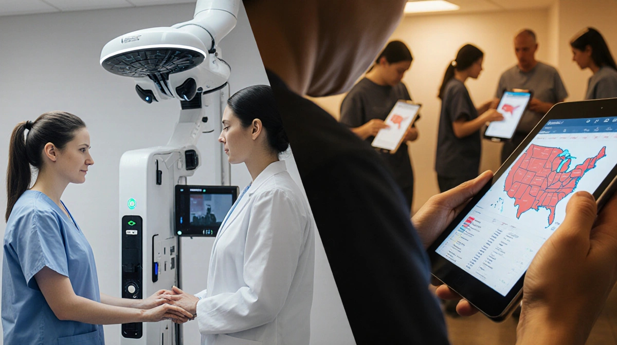 Woman receiving medical care with nurse and AI monitors while voters cast ballots with tablet maps